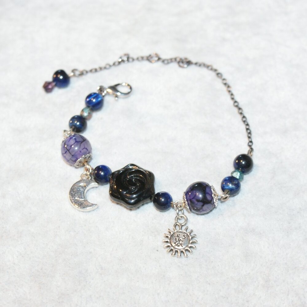 Sun and moon charm bracelet with Tiger Stripe and Galaxy Jasper BC-25-001